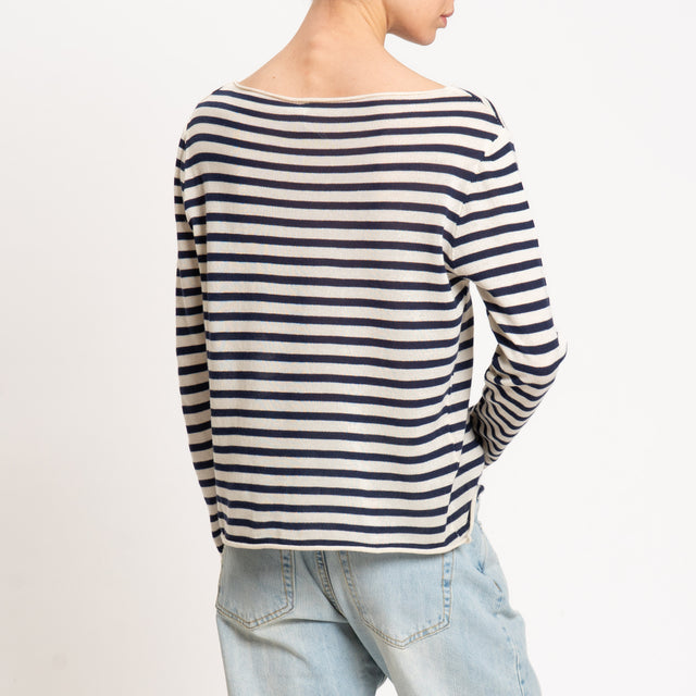 Tensione in-Maglia scollo barca a righe 100 cotone- burro/blu