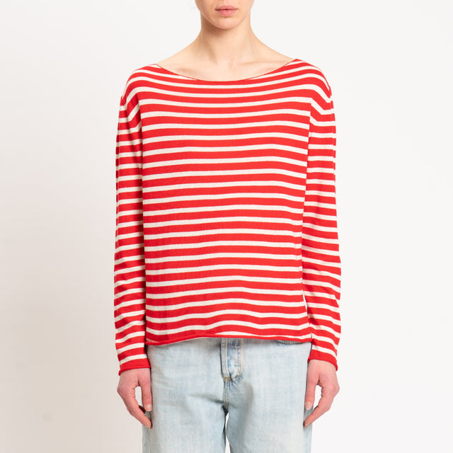 Tensione in-Maglia scollo barca a righe 100 cotone- rosso/burro