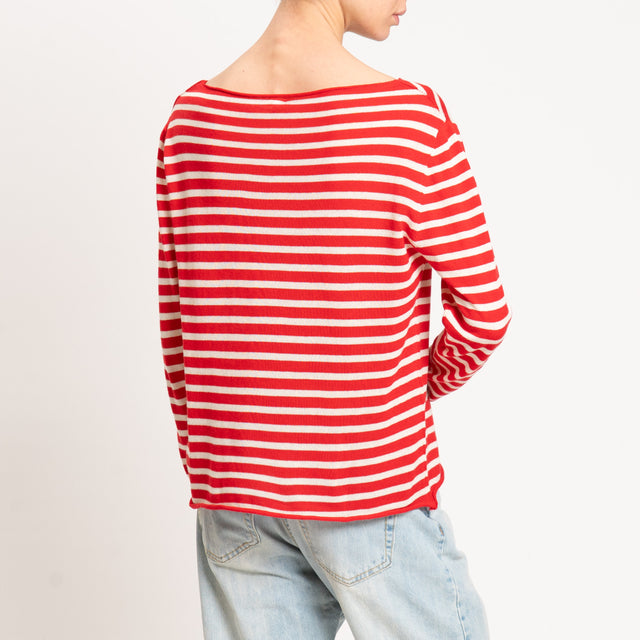 Tensione in-Maglia scollo barca a righe 100 cotone- rosso/burro