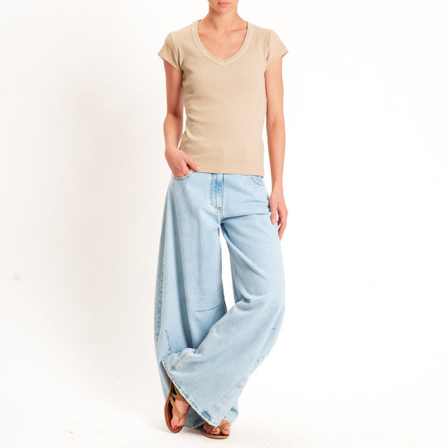 Tensione in-T-shirt scollo v a costine - safari
