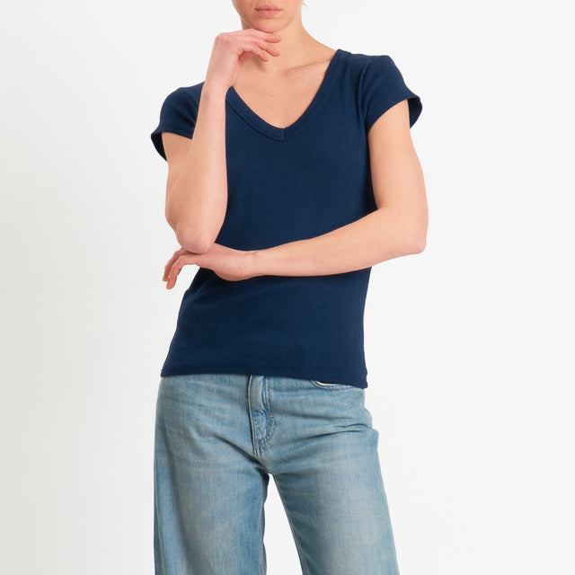 Tensione in-T-shirt scollo v a costine - blu