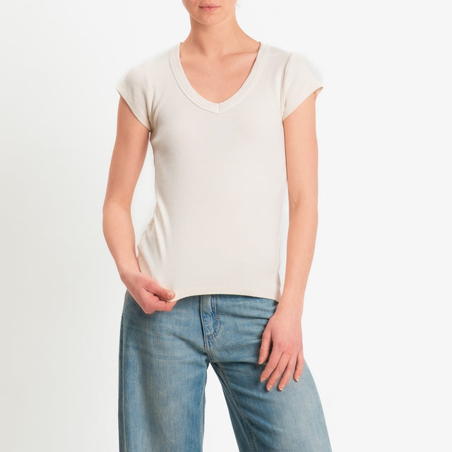 Tensione in-T-shirt scollo v a costine - burro