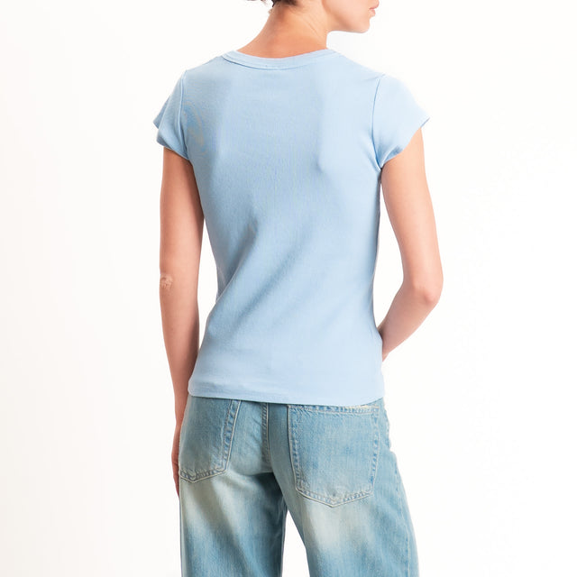Tensione in-T-shirt scollo v a costine - celeste