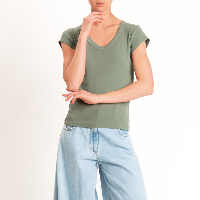 Tensione in-T-shirt scollo v a costine - militare
