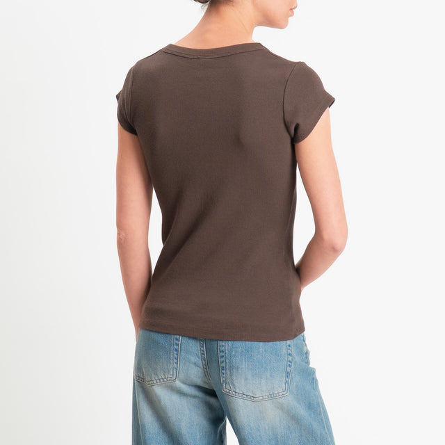 Tensione in-T-shirt scollo v a costine - cioccolato