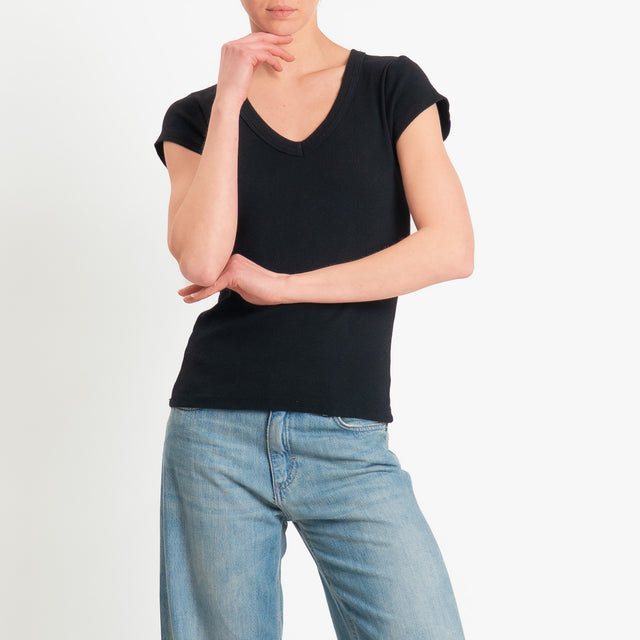 Tensione in-T-shirt scollo v a costine - nero
