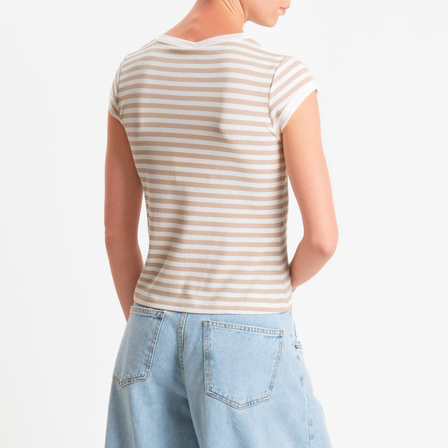 Tensione in-T-shirt costine a righe - panna/beige