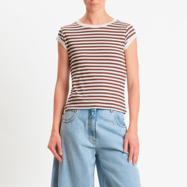 Tensione in-T-shirt costine a righe - panna/tabacco