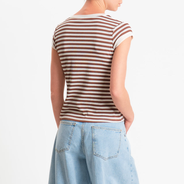 Tensione in-T-shirt costine a righe - panna/tabacco
