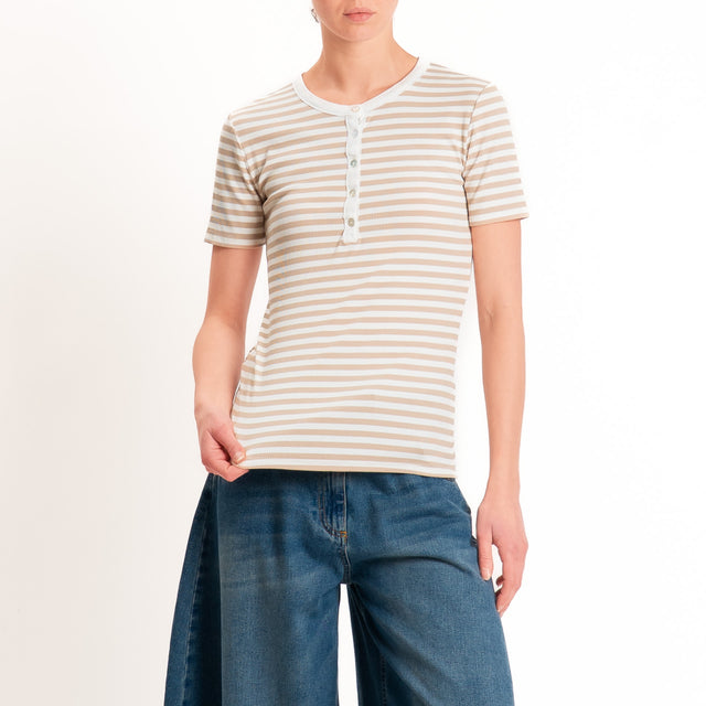 Tensione in-T-shirt righe serafino a costine - panna/beige