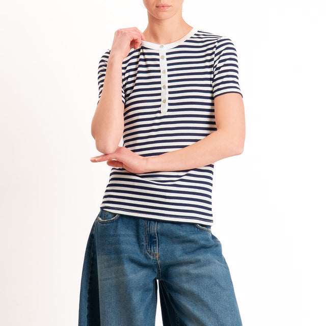 Tensione in-T-shirt righe serafino a costine - panna/blu