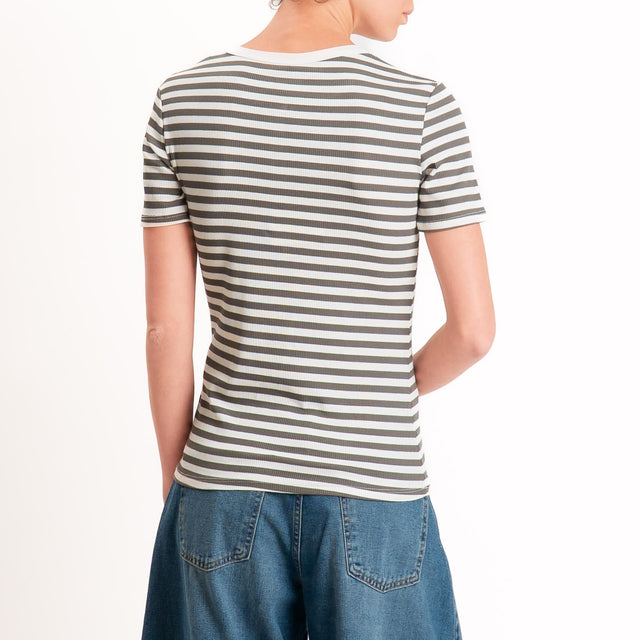 Tensione in-T-shirt righe serafino a costine - panna/militare