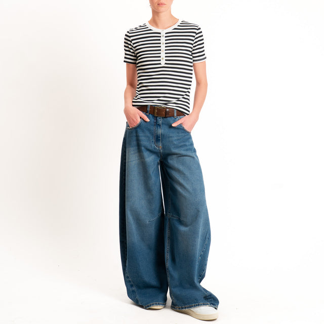 Tensione in-T-shirt righe serafino a costine - panna/nero