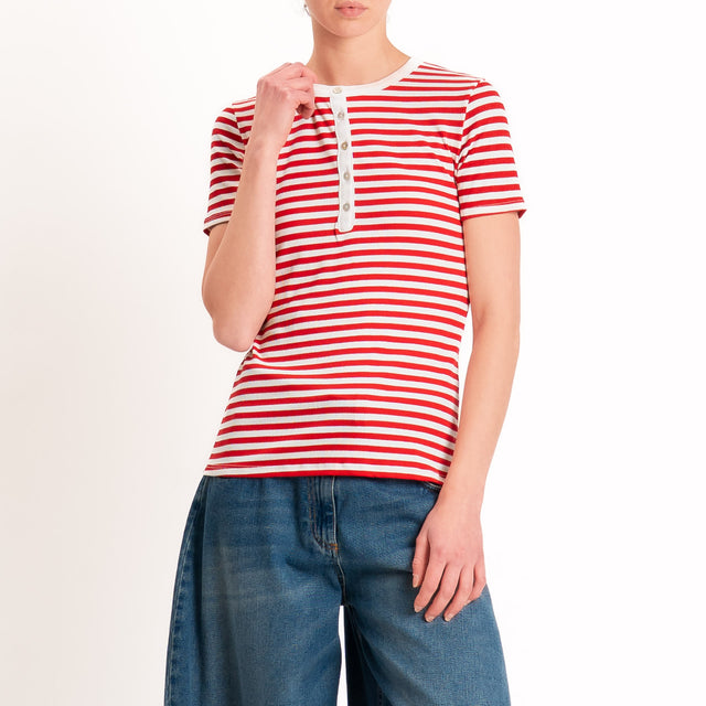Tensione in-T-shirt righe serafino a costine - panna/rosso