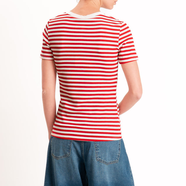 Tensione in-T-shirt righe serafino a costine - panna/rosso