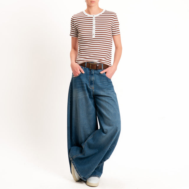 Tensione in-T-shirt righe serafino a costine - panna/tabacco