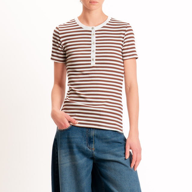 Tensione in-T-shirt righe serafino a costine - panna/tabacco