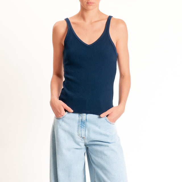 Tensione in-Top a costine doppio scollo a v - blu