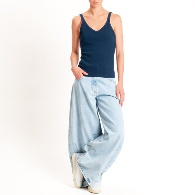 Tensione in-Top a costine doppio scollo a v - blu