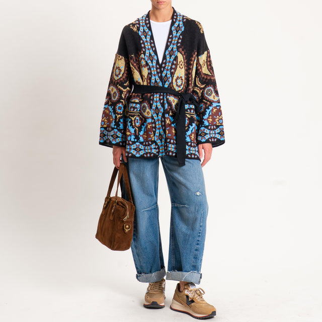 Tensione in-Cardigan misto alpaca stampa cashmere - nero/azzurro/oro
