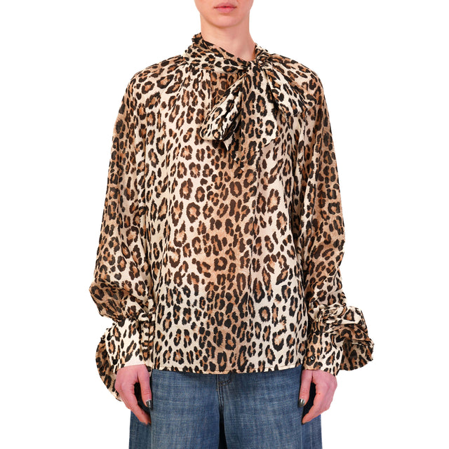 Tensione in-Blusa in mussola animalier con fiocco - beige/nero