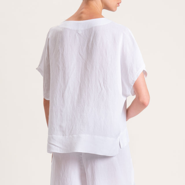 Tensione in-Blusa misto lino scollo v spacchi laterali - bianco