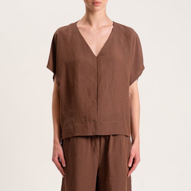 Tensione in-Blusa misto lino scollo v spacchi laterali - tabacco