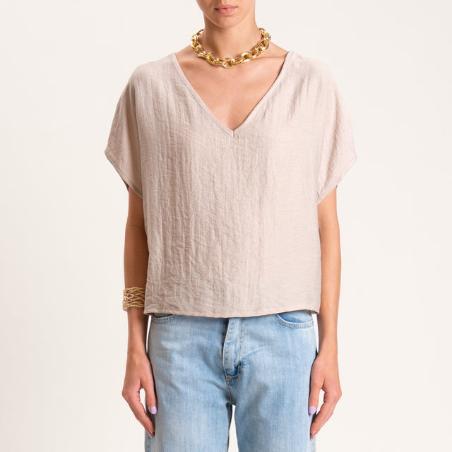 Tensione in-Blusa misto lino scollo a v - beige