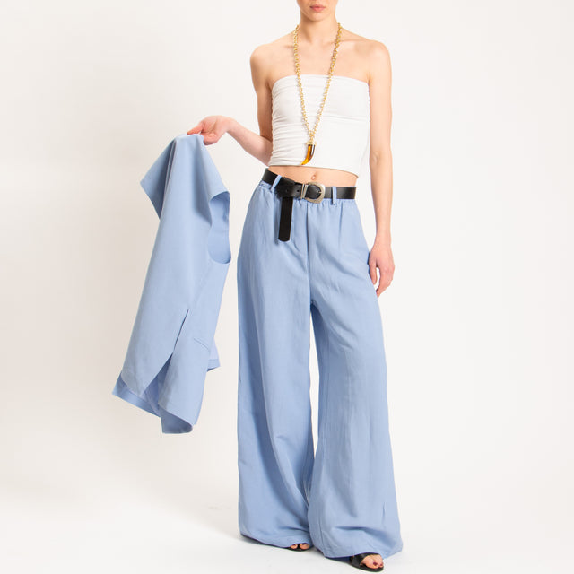 Tensione in-Pantalone wide leg misto lino - celeste