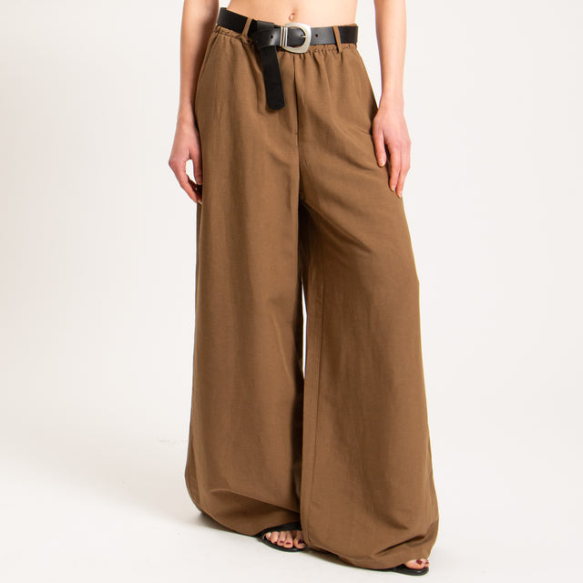 Tensione in-Pantalone wide leg misto lino - tabacco