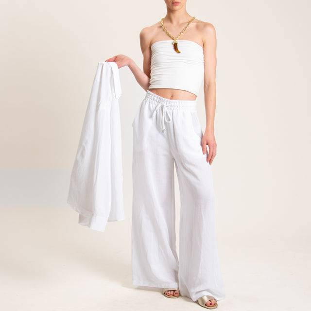 Tensione in-Pantalone misto lino elastico in vita - bianco
