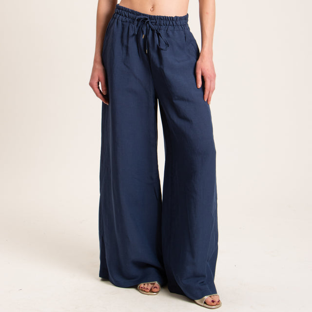 Tensione in-Pantalone misto lino elastico in vita - blu