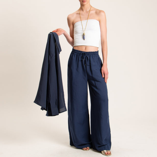 Tensione in-Pantalone misto lino elastico in vita - blu