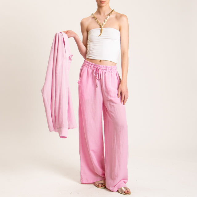 Tensione in-Pantalone misto lino elastico in vita - rosa