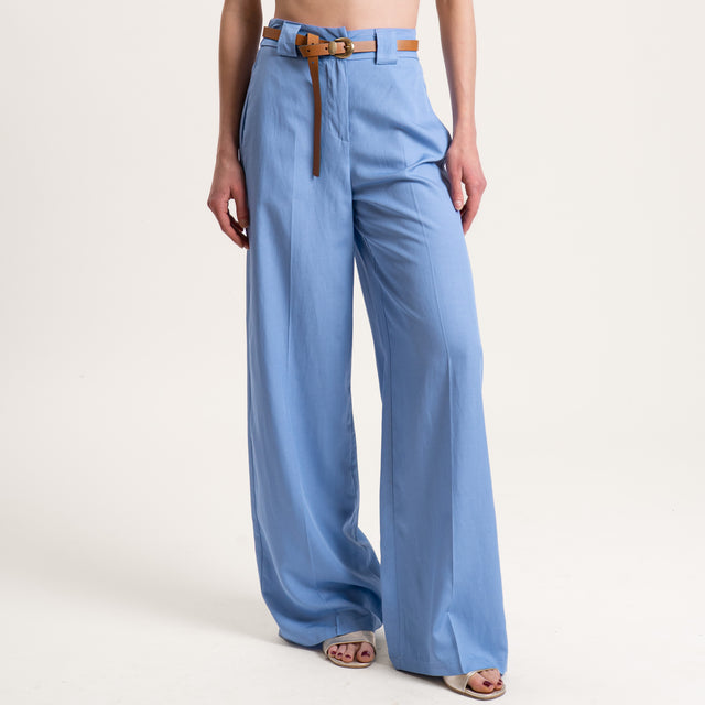 Tensione in-Pantalone misto lino elastico dietro - celeste