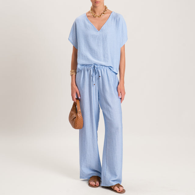 Tensione in-Pantalone misto lino elastico in vita - celeste