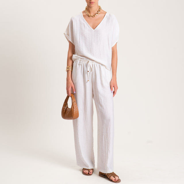 Tensione in-Pantalone misto lino elastico in vita - panna