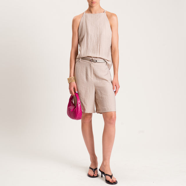 Tensione in-Completo top e bermuda misto lino tessuto goffrato - beige