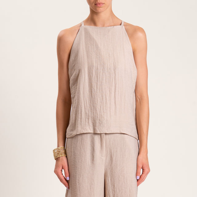 Tensione in-Completo top e bermuda misto lino tessuto goffrato - beige