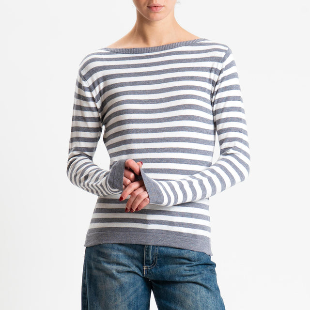 Tensione in-Maglia righe scollo barca - grigio/latte