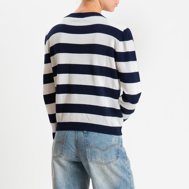 Tensione in-Maglia scollo v a righe - Blu/bianco