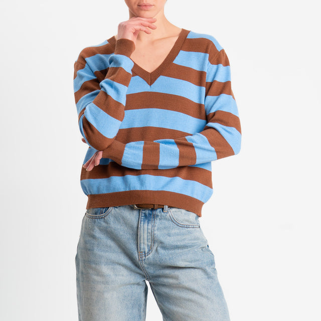 Tensione in-Maglia scollo v a righe - cuoio/celeste