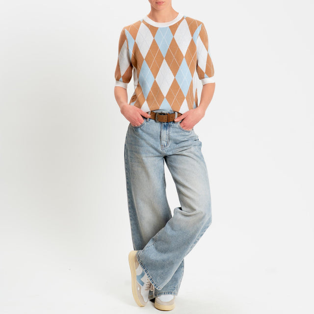 Tensione in-Maglia argyle manica corta viscosa soft- burro/camel/celeste