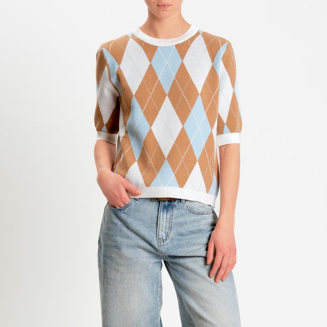 Tensione in-Maglia argyle manica corta viscosa soft- burro/camel/celeste