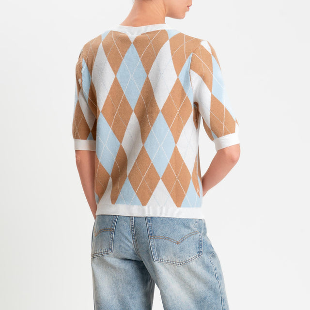 Tensione in-Maglia argyle manica corta viscosa soft- burro/camel/celeste