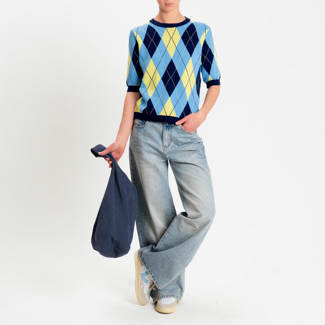 Tensione in-Maglia argyle manica corta viscosa soft - blu/azzurro/giallo