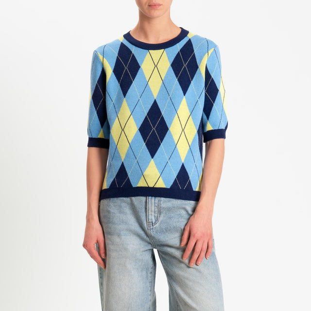 Tensione in-Maglia argyle manica corta viscosa soft - blu/azzurro/giallo
