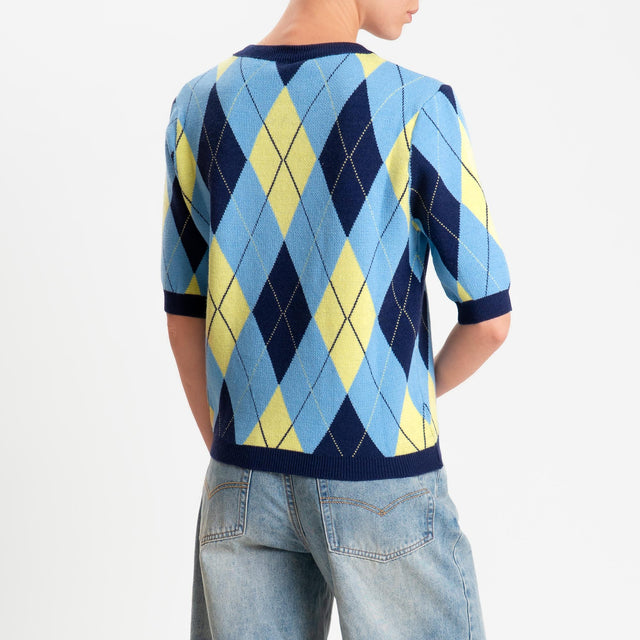 Tensione in-Maglia argyle manica corta viscosa soft - blu/azzurro/giallo