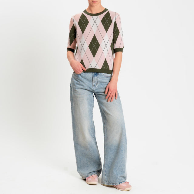 Tensione in-Maglia argyle manica corta viscosa soft - militare/rosa/burro