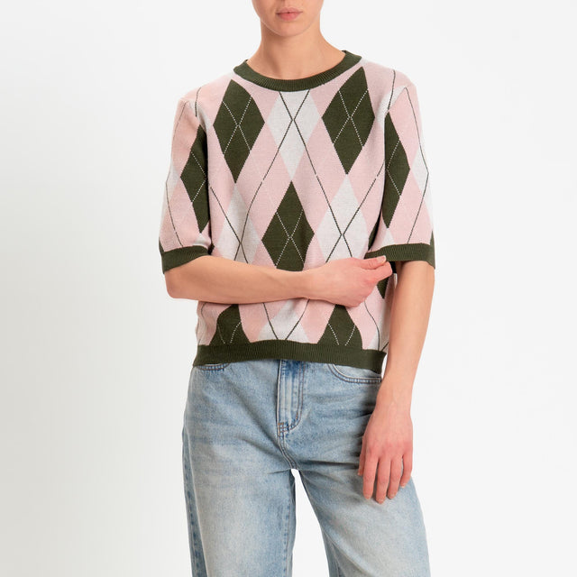 Tensione in-Maglia argyle manica corta viscosa soft - militare/rosa/burro